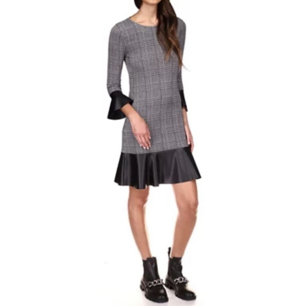 Michael Kors Plaid Dress Women’s Size S Black White Faux Leather Detail